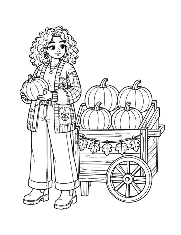 A free coloring page from Kindred Creations, a woman in autumn knitwear beside a cart of pumpkins