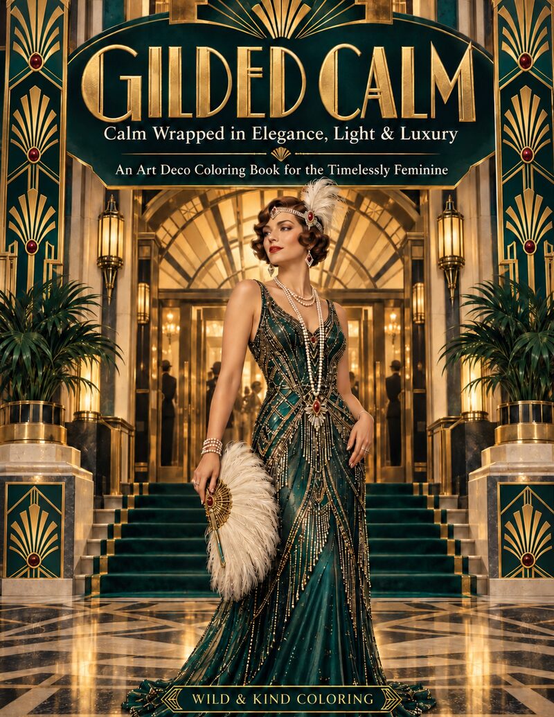 Gilded Calm cover, a woman in a beaded emerald gown in an art deco hotel lobby