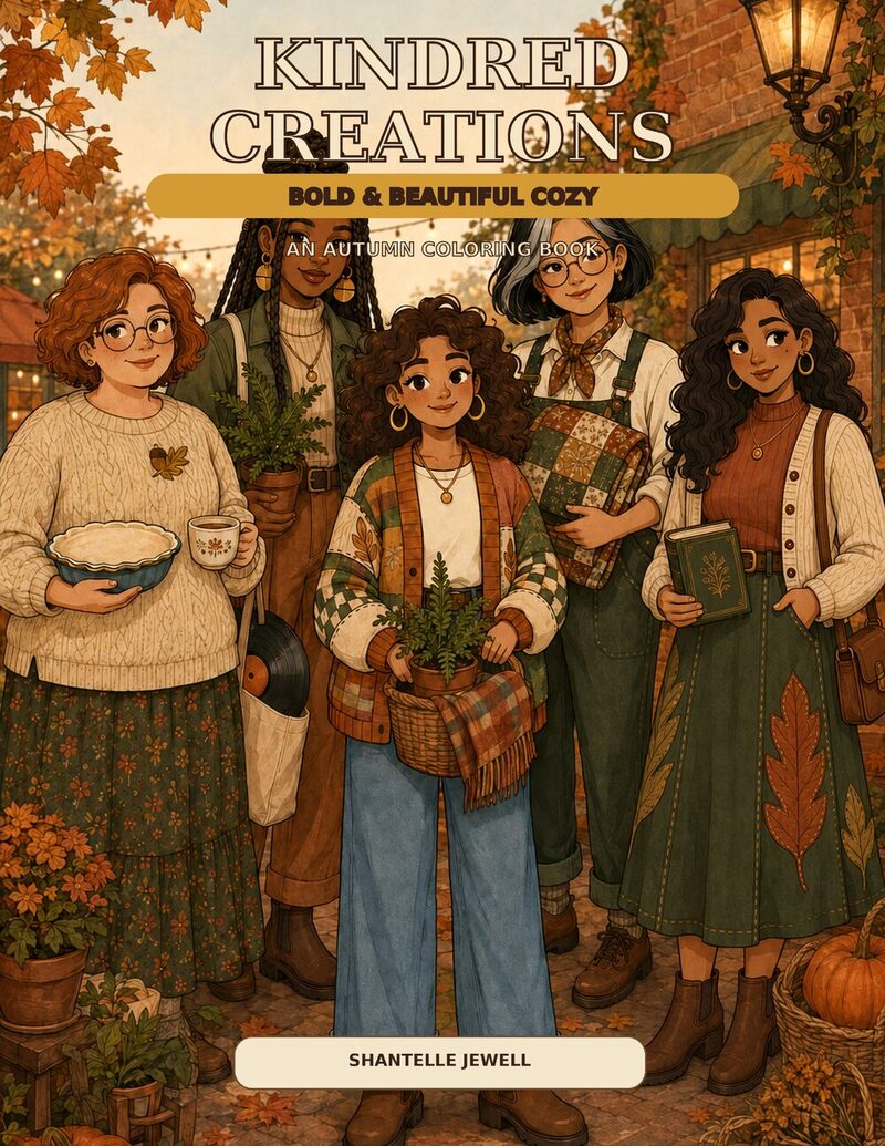 Kindred Creations cover, five women in autumn knits and patchwork outside a lamplit shop
