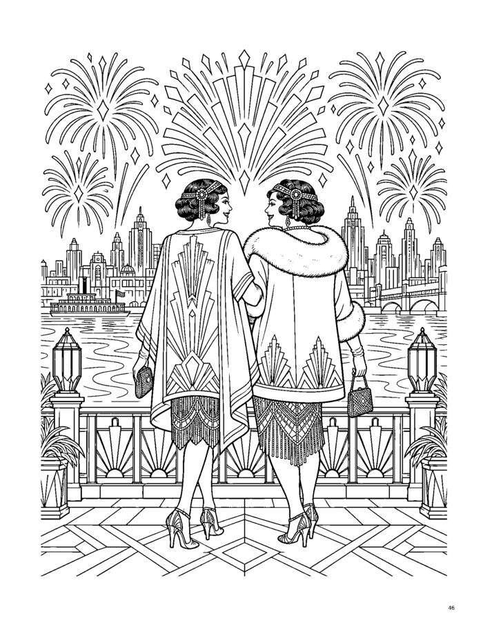 Gilded Calm sample page, two women watching fireworks over a river