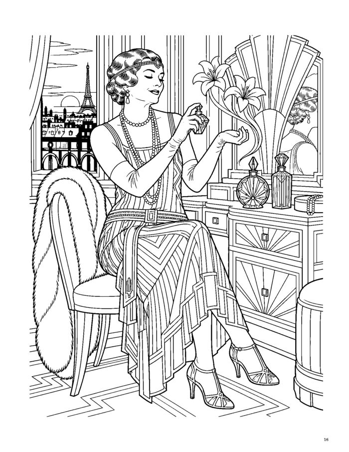 Gilded Calm sample page, a woman trying on a wide-brimmed hat before a mirror