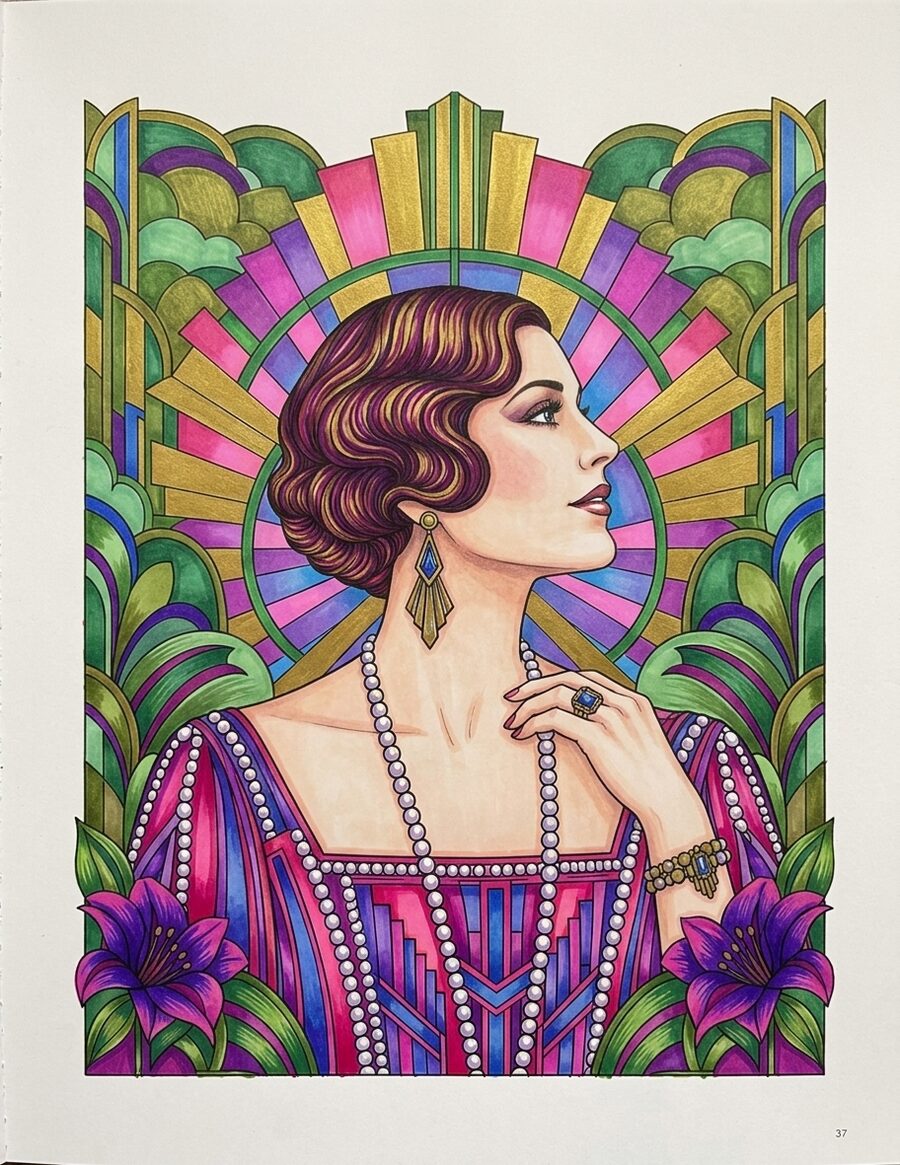 Gilded Calm page 37, finished in alcohol markers, a woman in profile against an art deco stained glass fan