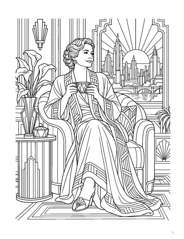 Gilded Calm sample page, a woman with a teacup beside a sunrise window