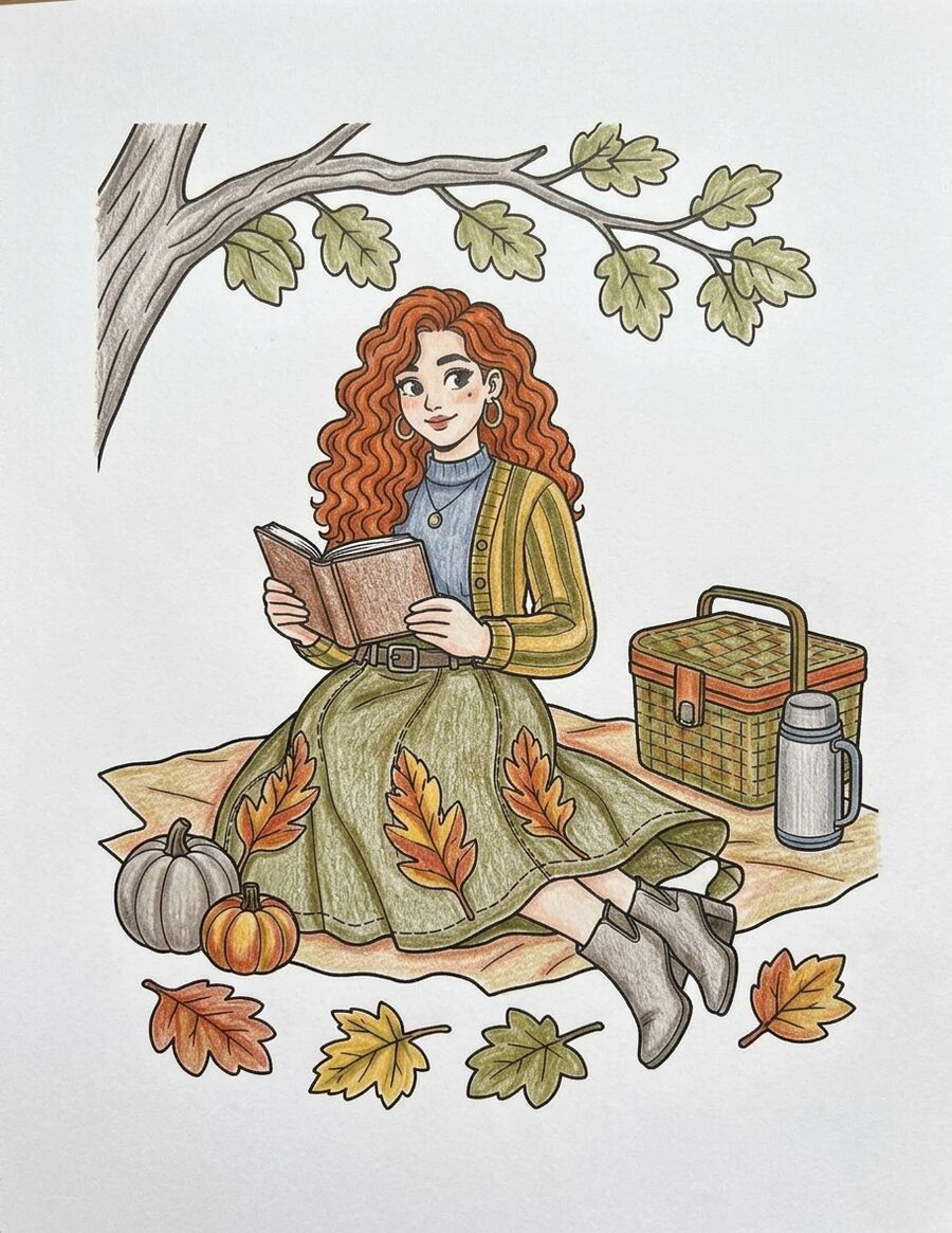 Kindred Creations sample page, finished in pencil crayon, a woman reading under a tree beside a picnic basket and pumpkins