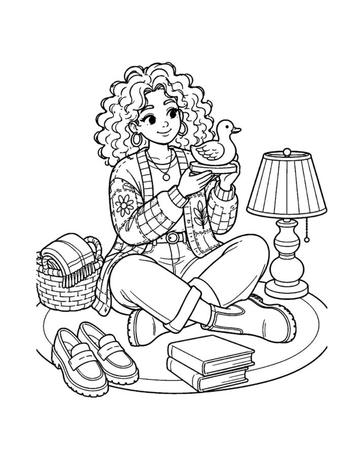 Kindred Creations sample page, a woman choosing a record beside a turntable