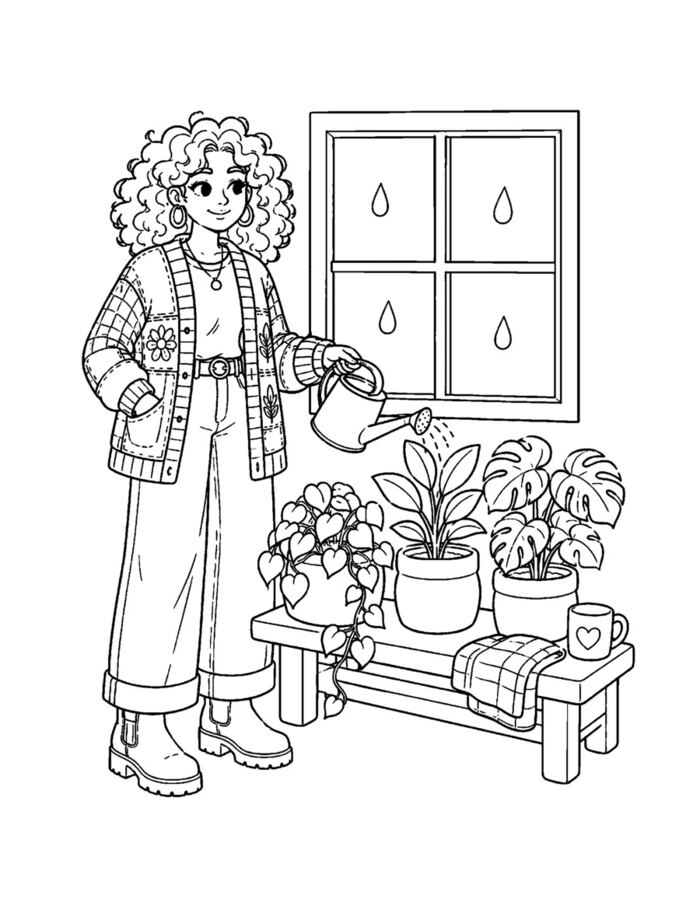 Kindred Creations sample page, a woman having tea beside a basket and lamp