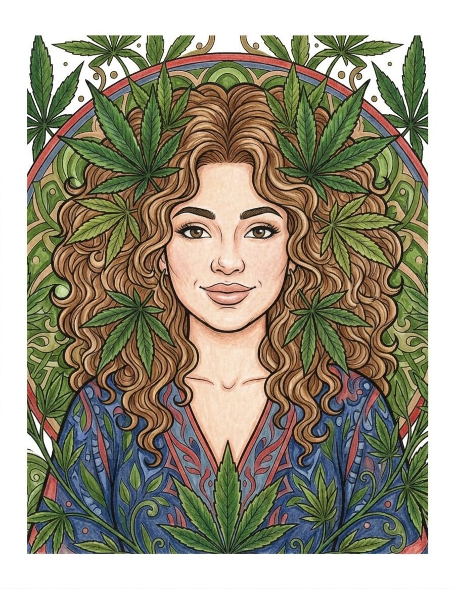 The Many Faces of Mary Jane sample page, finished in gel pen, a woman with a cannabis leaf crown