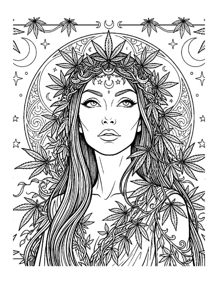 The Many Faces of Mary Jane sample page, a woman in a gilded frame with a floral cannabis crown