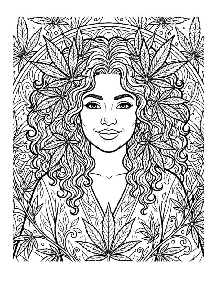 The Many Faces of Mary Jane sample page, a woman in a gilded frame veiled in cannabis leaves