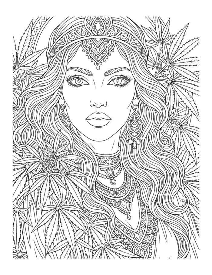 The Many Faces of Mary Jane sample page, a woman in a gilded frame with a lightning bolt and cannabis leaves